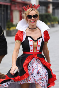 LONDON, ENGLAND - MARCH 04:  Amanda Holden leaving Heart Breakfast Radio Studios dressed as The Quee