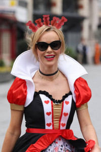 LONDON, ENGLAND - MARCH 04:  Amanda Holden leaving Heart Breakfast Radio Studios dressed as The Quee